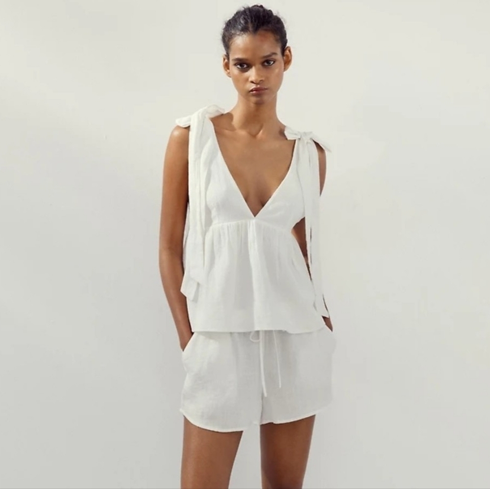 NWT Zara Organic Cotton Linen V-neck Bow Strap Tank Top In Oyster White - M